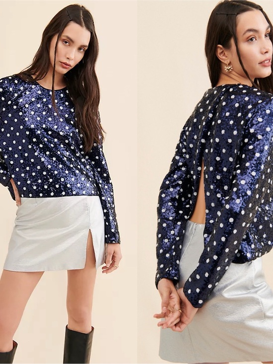 Baum Und Pferdgarten Tops - Baum Und Pferdgarten Womens Navy Sequin Polka Dot Long Sleeve Jiza Top Size S